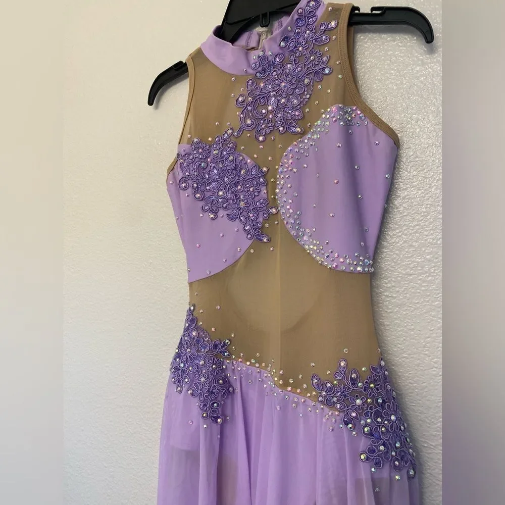 Custom solo dance costume lavender purple illusion leotard maxi dress stoned MA
